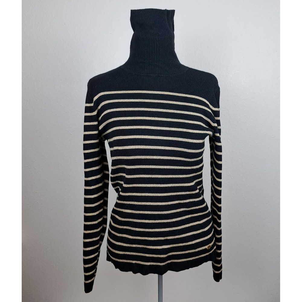 Polo‎ Ralph Lauren Women's Pullover Sweater Black Gold Striped Long Sleeve XL